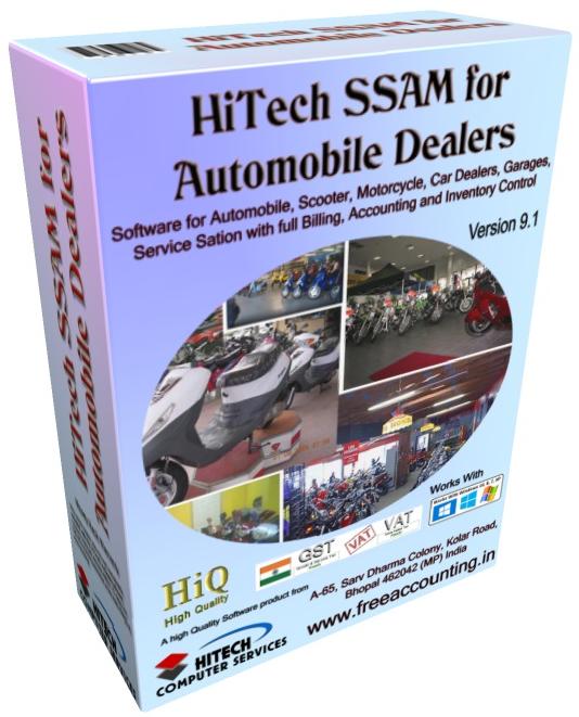 Software for Scooter Dealers , automotive, two wheeler, software for garages, HiTech SSAM for Automobile Dealers (Accounting Software), Automobile Software, Business Management and Accounting Software for automobile dealers, service stations. Modules :Customers, Suppliers, Products, Automobiles, Sales, Purchase, Accounts & Utilities. Free Trial Download